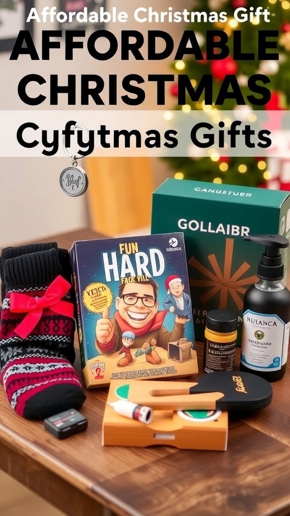A collection of budget-friendly Christmas gifts for a boyfriend, featuring a keychain, socks, board game, and grooming kit.